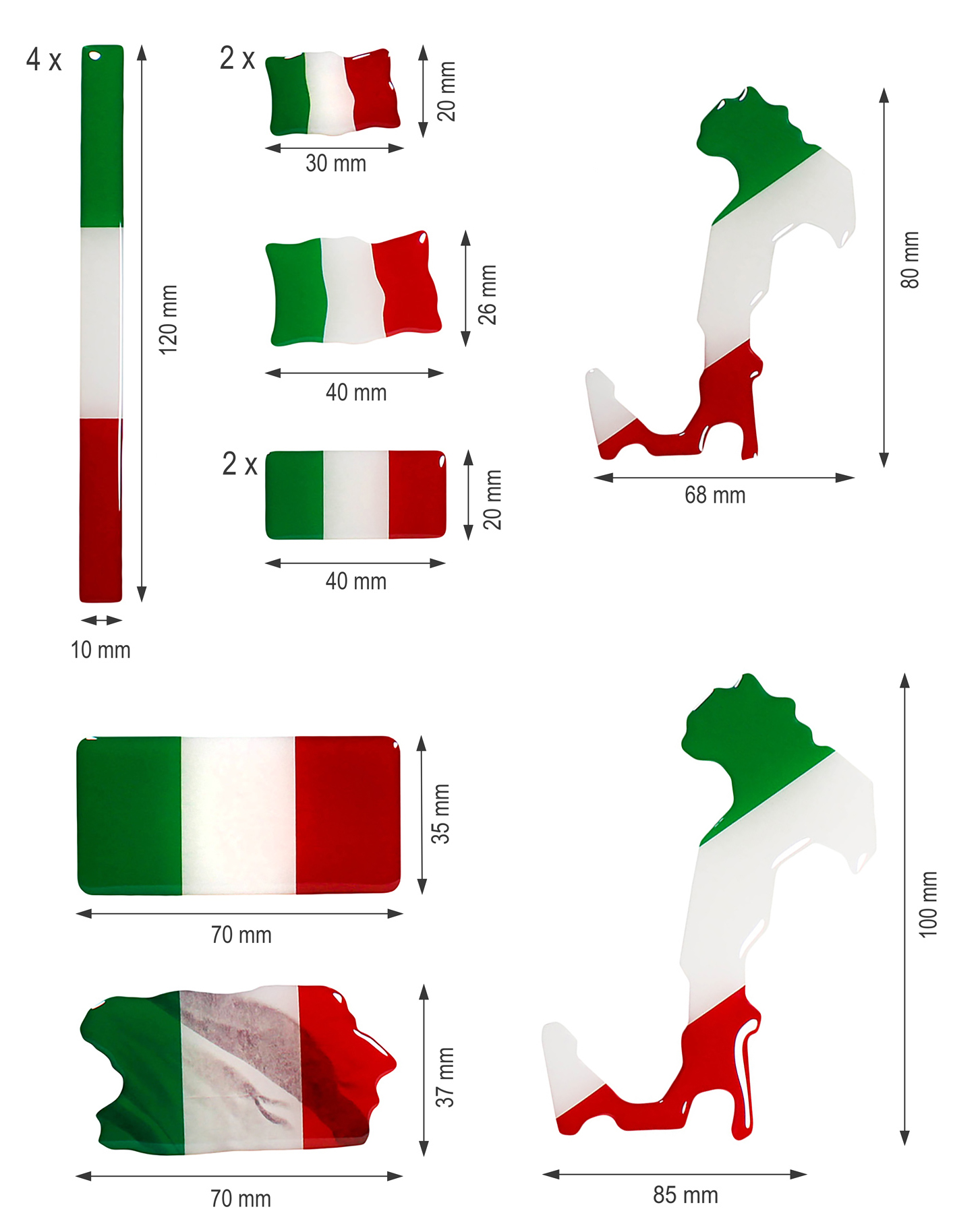 Italien Flaggen Aufkleber 3D Deko Gel Sticker Set für Auto Kfz Motorrad