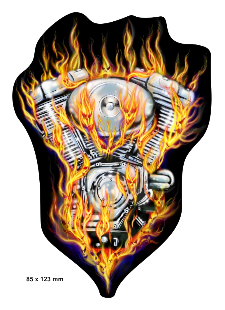 Deko Aufkleber Sticker Motor in Flammen und Feuer Folie Motorrad Auto